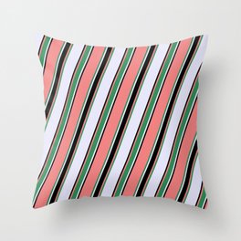 [ Thumbnail: Light Coral, Sea Green, Lavender & Black Colored Lined Pattern Throw Pillow ]