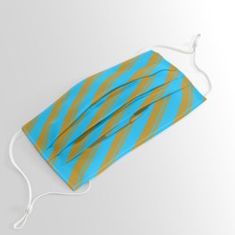 [ Thumbnail: Dark Goldenrod and Deep Sky Blue Colored Striped/Lined Pattern Face Mask ]
