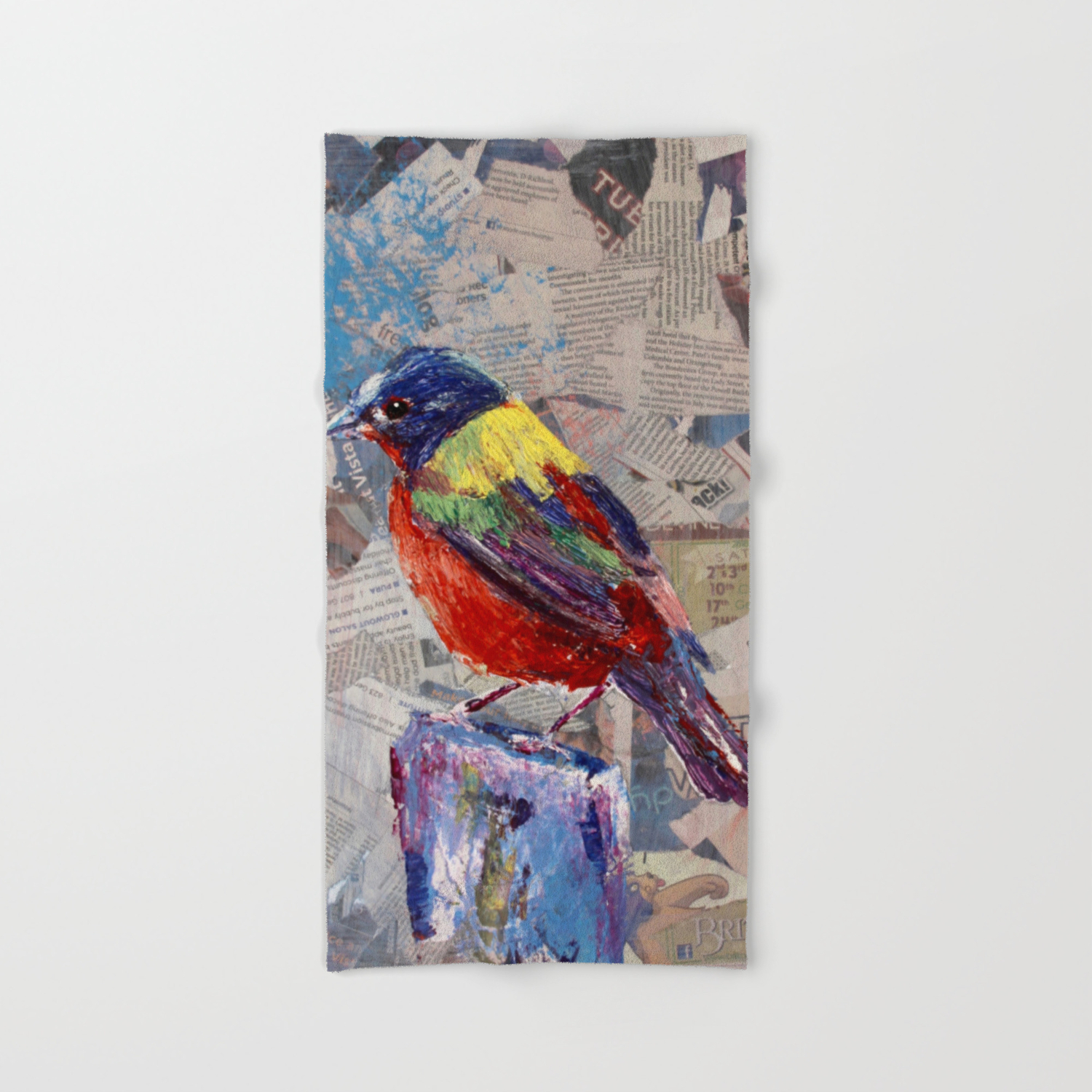 Painted Bunting Bird On Newsprint Hand Bath Towel By Clanceyk