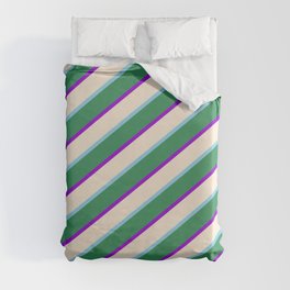 [ Thumbnail: Sea Green, Dark Violet, Beige, and Sky Blue Colored Striped Pattern Duvet Cover ]
