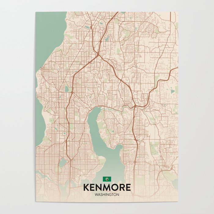 Kenmore, Washington, United States Vintage City Map Poster by IMR