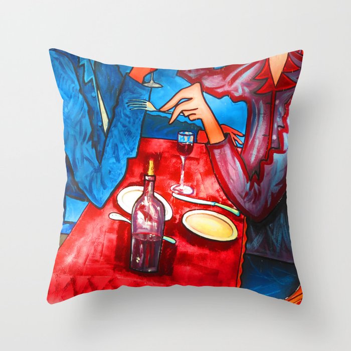 Two friends drinking wine and having dinner Throw Pillow