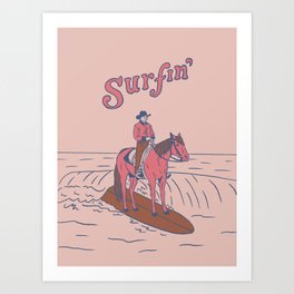 Surfin' Art Print | Western, Cowgirl, Curated, Surfer, Beach, Yeehaw, Ocean, Drawing, Surfing, Blue 