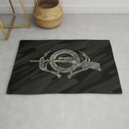 Camouflage Hunting and Shooting Sports Logo with Rifle, Buck Horns and Target Rug