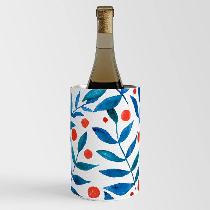 Watercolor berries and branches - blue and orange Wine Chiller