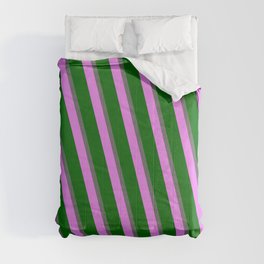 [ Thumbnail: Dim Grey, Violet, and Dark Green Colored Lines Pattern Comforter ]
