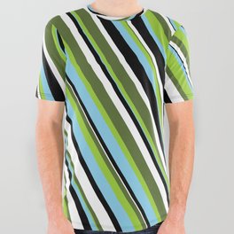 [ Thumbnail: Eye-catching Dark Olive Green, Green, Sky Blue, Black & White Colored Stripes/Lines Pattern All Over Graphic Tee ]