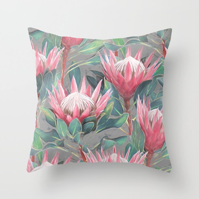 Pink Painted King Proteas on grey Throw Pillow