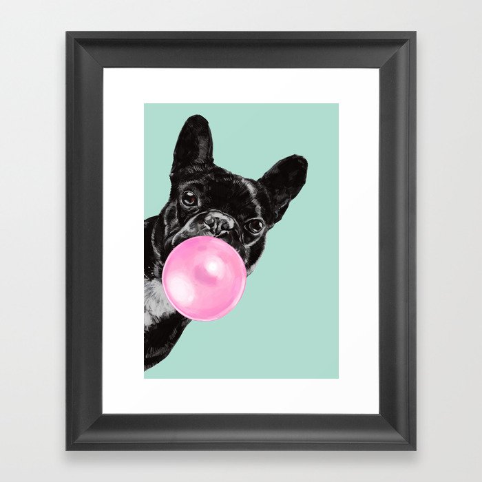 Bubble Gum Sneaky French Bulldog in Green Framed Art Print