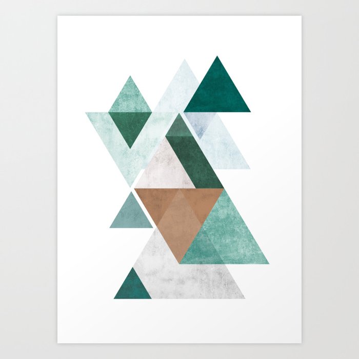 Geometric triangles with texture | Green, blue, grey and brown colored Art Print