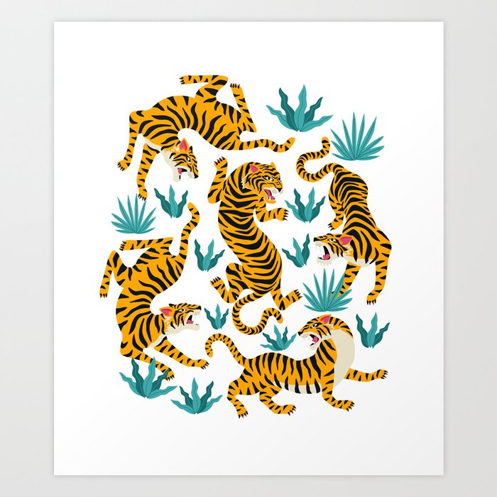 Tigers and tropical leaves. Art Print