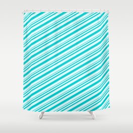 [ Thumbnail: Dark Turquoise & Light Cyan Colored Pattern of Stripes Shower Curtain ]