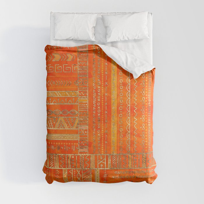 Tribal Ethnic pattern gold on bright orange Comforter