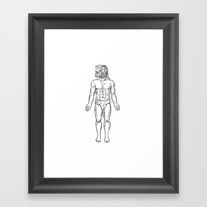 Alien Octopus Inside Head of Human Drawing Black and White Framed Art Print