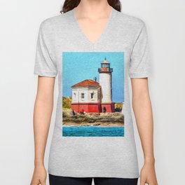 Coquille River Lighthouse in Bandon Oregon - Watercolor Look V Neck T Shirt