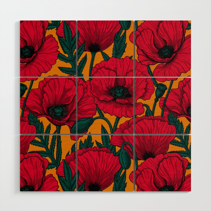 Red poppy garden    Wood Wall Art