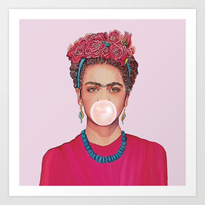 Frida Kahlo Blowing Pink Bubble Gum Art Print