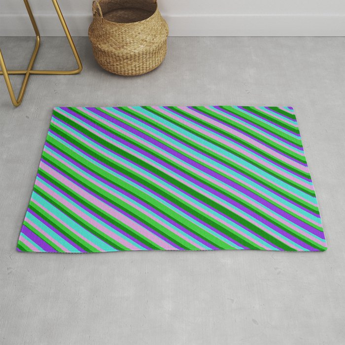 Turquoise, Plum, Lime Green, Green & Purple Colored Lined Pattern Rug