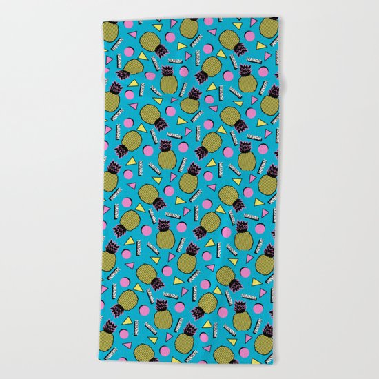 Primo - memphis retro throwback 1980s 80s neon style pop art wacka designs pineapple tropical fruit Beach Towel