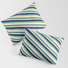 [ Thumbnail: Green, Beige, Midnight Blue & Turquoise Colored Lined/Striped Pattern Pillow Sham ]