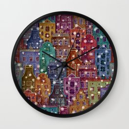 Seamless Pattern of Watercolor Old Europe Houses 06 Wall Clock | Village, Backdrop, Landmark, Colorful, Amsterdam, City, Architecture, Street, Poster, Housing 
