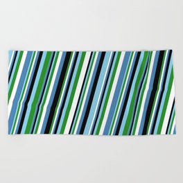 [ Thumbnail: Eye-catching Sky Blue, Forest Green, White, Blue & Black Colored Lined Pattern Beach Towel ]