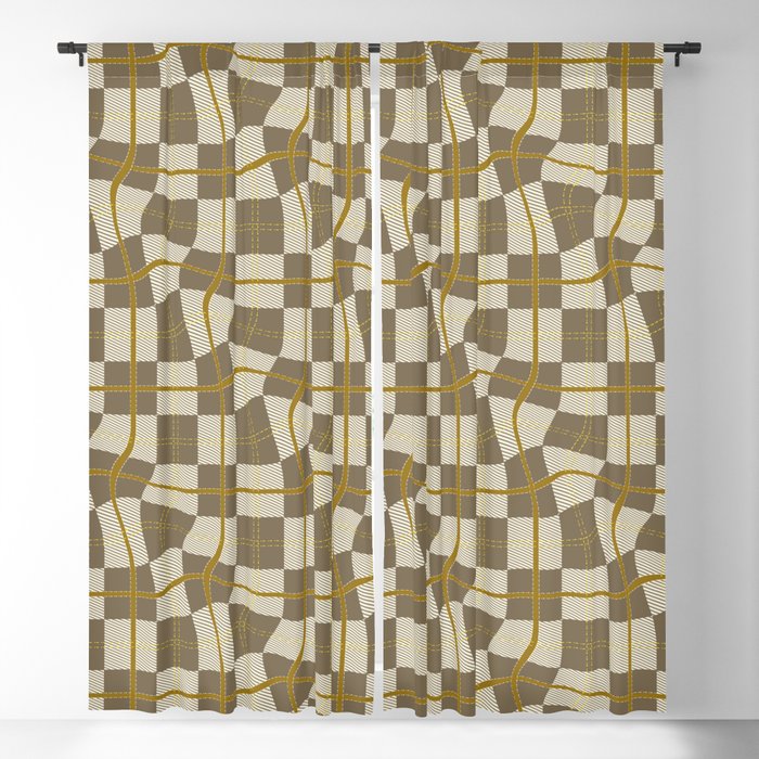 Warped Checkerboard Grid Illustration Ochre Yellow Gold Blackout Curtain