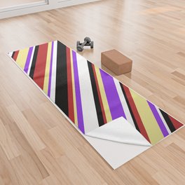 [ Thumbnail: Colorful Purple, Tan, Red, Black & White Colored Stripes Pattern Yoga Towel ]
