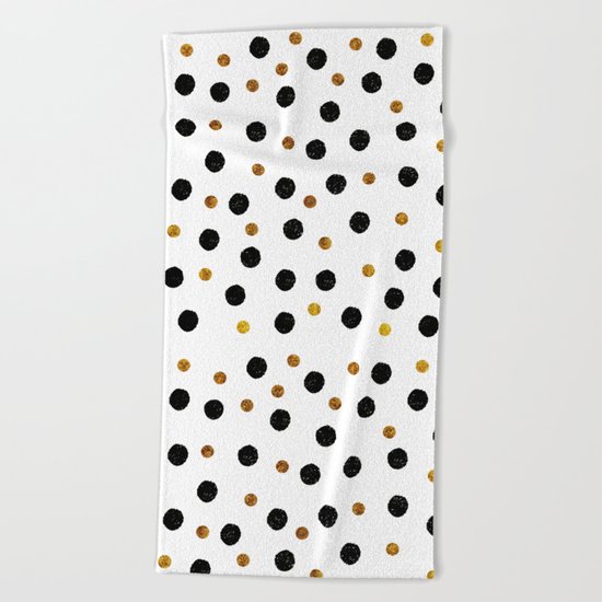 Black & Gold Glitter Confetti on white background- Elegant pattern Beach Towel