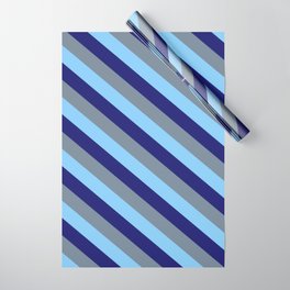 [ Thumbnail: Midnight Blue, Light Slate Gray & Light Sky Blue Colored Striped Pattern Wrapping Paper ]
