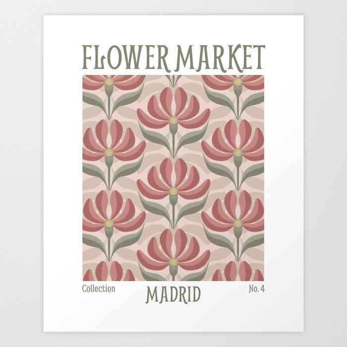 Flower Market Madrid Pink Green Vintage Art Print