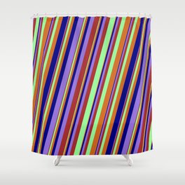 [ Thumbnail: Colorful Brown, Green, Chocolate, Blue, and Purple Colored Lined Pattern Shower Curtain ]