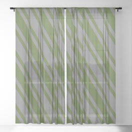 [ Thumbnail: Grey and Dark Olive Green Colored Pattern of Stripes Sheer Curtain ]