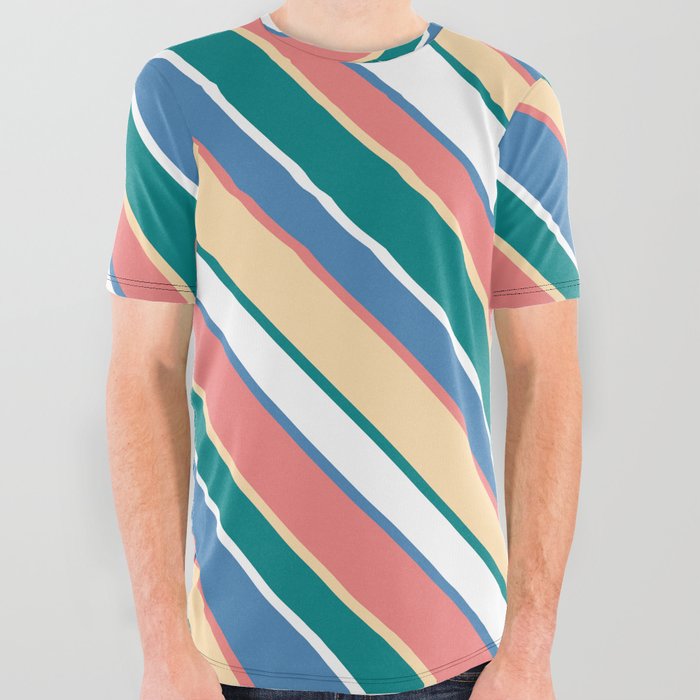 Light Coral, Tan, Teal, White & Blue Colored Striped/Lined Pattern All Over Graphic Tee