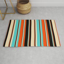 [ Thumbnail: Red, Black, Tan & Turquoise Colored Lined/Striped Pattern Rug ]