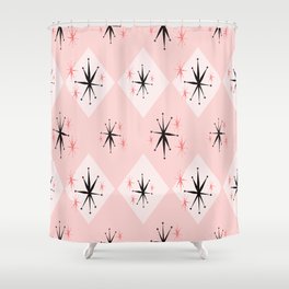 Atomic age starburst seamless pattern inspired by 1960's kitsch. Pink and black repeat that shows the stylized mid century look Shower Curtain