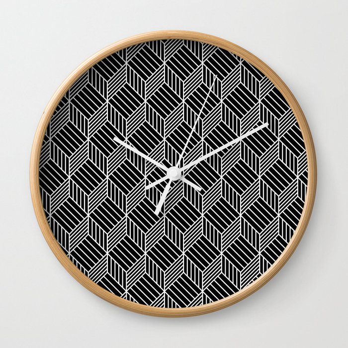 black and white pattern, cubes and stripes Wall Clock