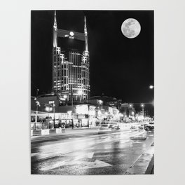 Nashville Supermoon From Lower Broadway in Monochrome Poster