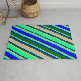 [ Thumbnail: Tan, Green, Blue, and Dark Green Colored Lines/Stripes Pattern Rug ]