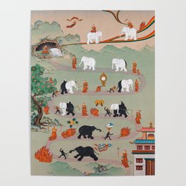 Taming the Elephant Mind Buddhist Thanka Painting Poster