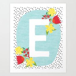 E botanical monogram. Letter initial with tulips and daffodils poster Art Print