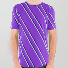 [ Thumbnail: Purple, Indigo & Powder Blue Colored Lines/Stripes Pattern All Over Graphic Tee ]