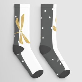 Yellow Gold Dragonfly dandelion seeds Christmas seamless pattern and Snow white Confetti on Dark Grey and White Stripes Background Socks