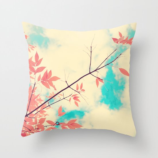 Pink fall leafs on retro vintage sky Throw Pillow