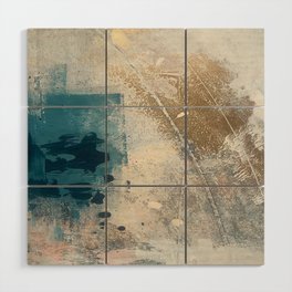 Embrace: a minimal, abstract mixed-media piece in blues and gold with a hint of pink Wood Wall Art