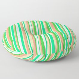[ Thumbnail: Vibrant Light Cyan, Green, Tan, Light Salmon & Lime Green Colored Striped Pattern Floor Pillow ]