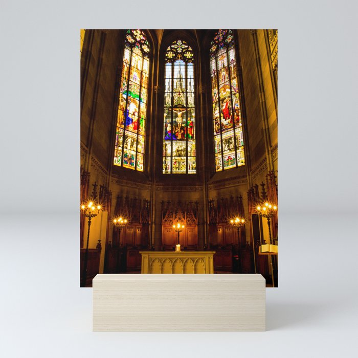 Stained glass windows in church Mini Art Print