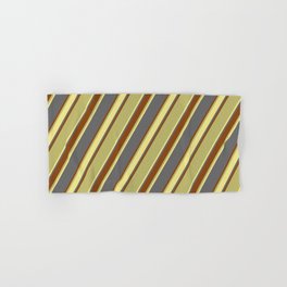 [ Thumbnail: Dim Grey, Brown, Dark Khaki, and Tan Colored Lined/Striped Pattern Hand & Bath Towel ]