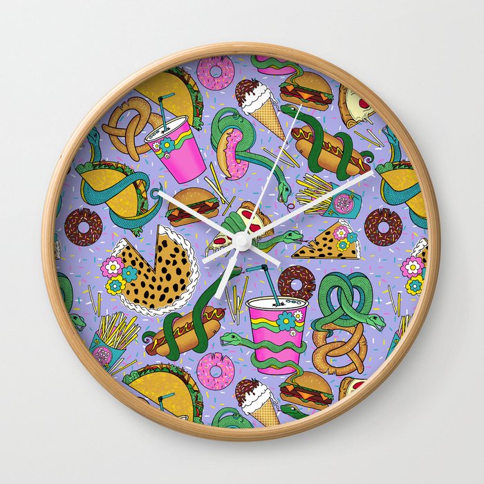 Food Court Finders Keepers Snakes in a Mall Fast Food Junk Food Pattern - Purple Wall Clock