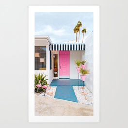 Cute Pink Door with Yard Flamingos in Palm Springs Art Print